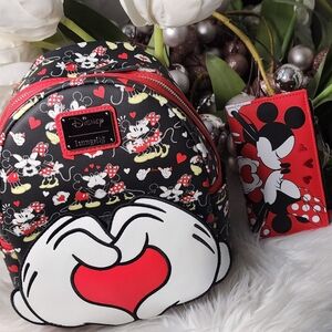 Set of 2 Loungefly Disney Mickey & Minnie Mini Backpack&Wallet new